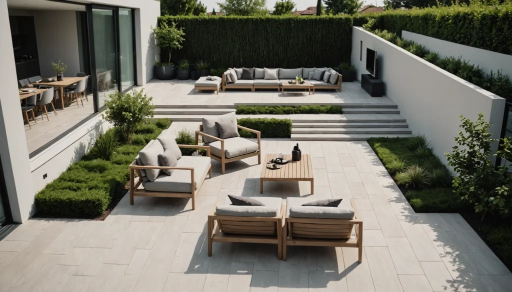 terrasse mit stufen zum garten modern